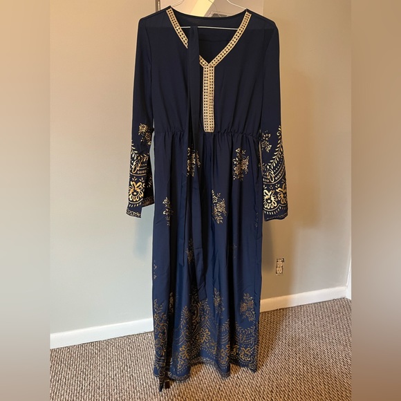 Gold Floral Print Contrast Tape Belted Kaftan Maxi Dress - Picture 7 of 10